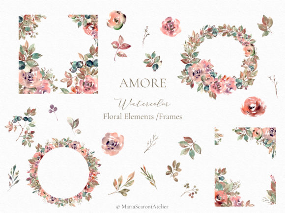 Amore Watercolor Floral Elements and Illustrations