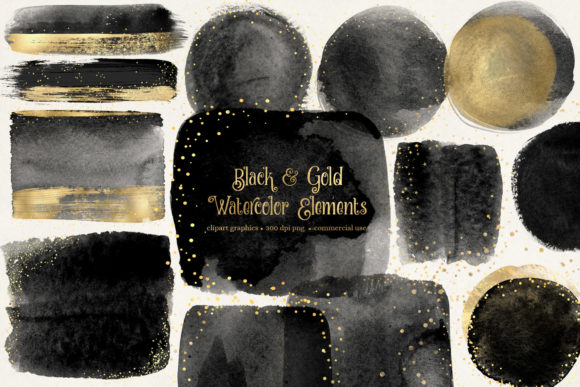 Black and Gold Watercolor Elements for Illustrations