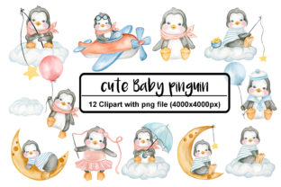 Cute Penguin Watercolor Illustrations