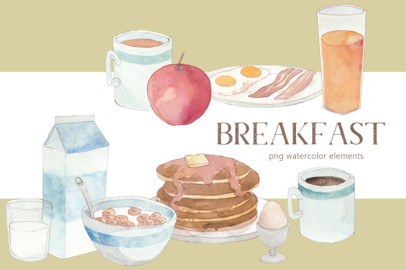 Morning Breakfast Food Watercolor Set and Illustrations
