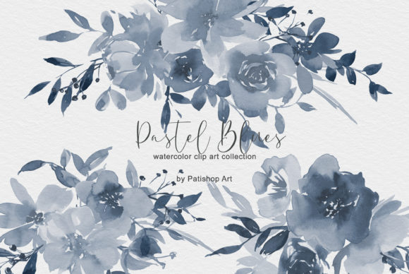 Pastel Blue Watercolor Floral Clip Art and Illustrations