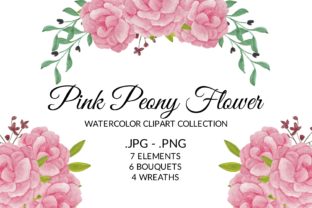 Pink Peony Flower Watercolor Clipart Set and Illustrations