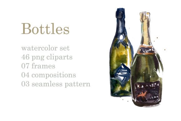 Set of Watercolor Bottles and Illustrations