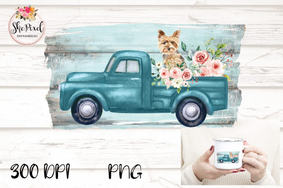 Vintage Truck Yorkie Watercolor Clipart and Illustrations