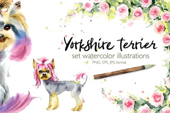 Watercolor Set. Yorkshire Terrier. Illustrations